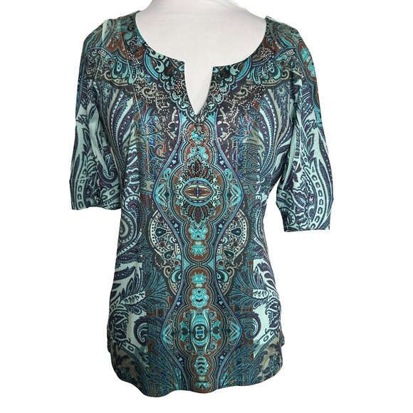 Apt 9 Womens Blouse Top Size Small Green Brown Paisley Embellished 3/4 Sleeves - Picture 1 of 9
